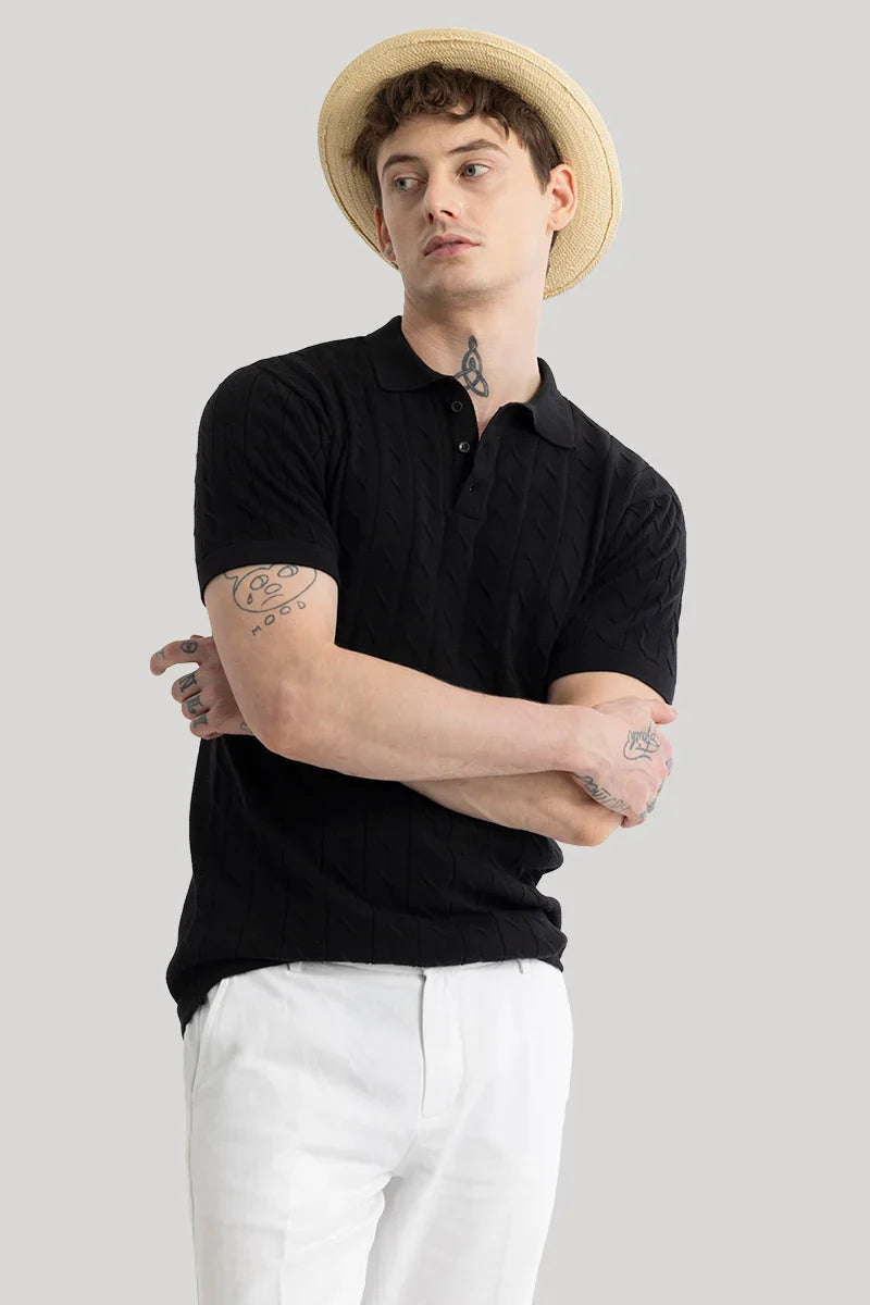 Men's Black Casual Slim Fit Printed Half Sleeves Polo Tshirt