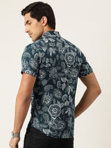 Men's Slim Fit Floral Printed Half Sleeves Cutaway Collar Casual Shirt
