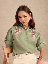 Women's Green Casual Floral Half Sleeves Shirt