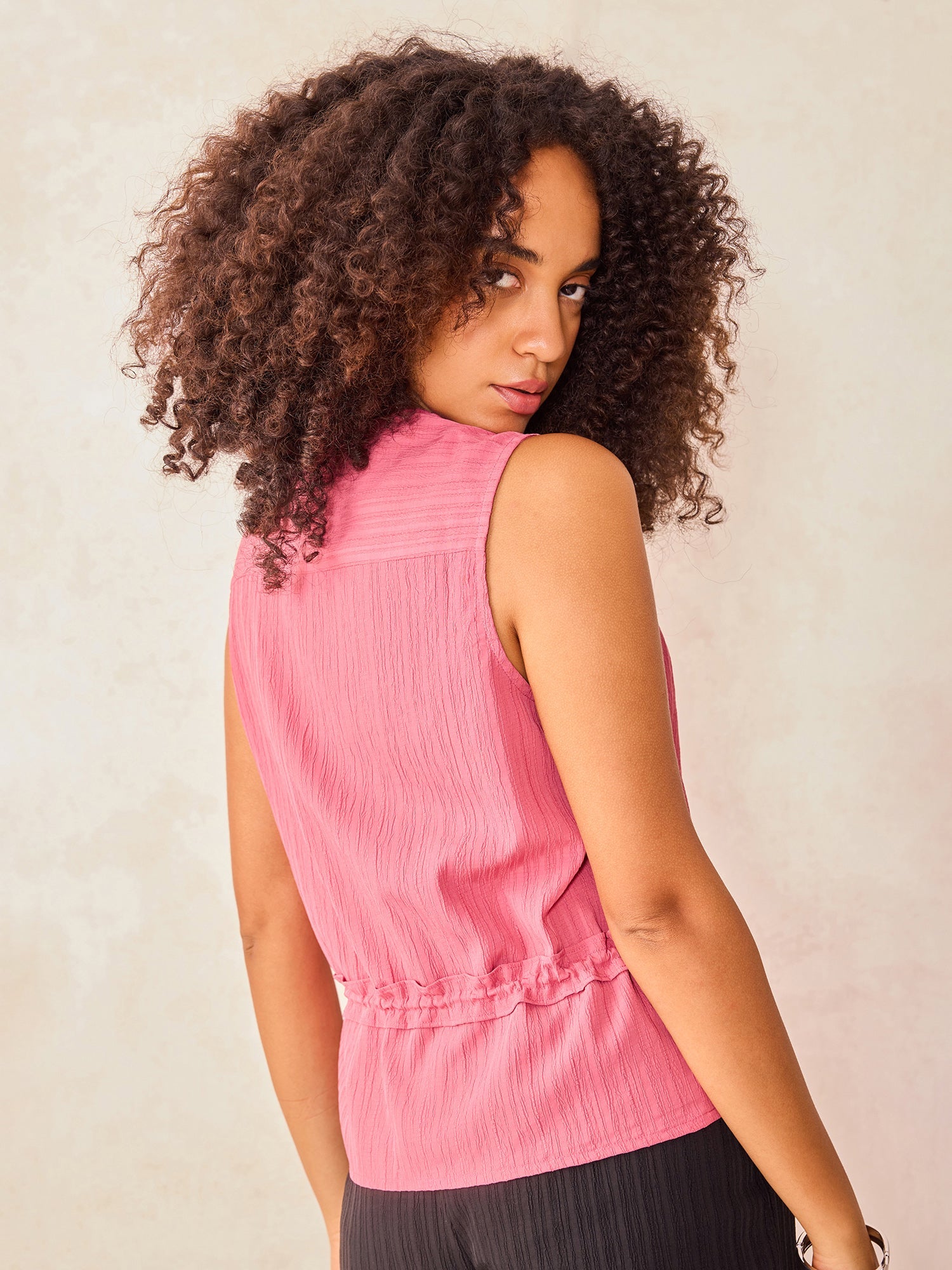 Women's Pink Textured Top with Waist Detail