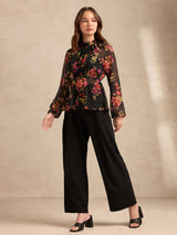 Women's Black Party Floral Full Sleeves Top