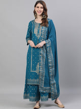Women's Teal Blue Embroidered Kurta with Sharara Dupatta