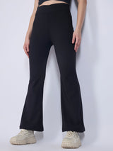Women's Black Criss Cross Waist Band Flared Leggings