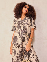 Women's Off White Floral Printed Top and Pants Co Ord Set