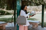 Women's Black and White Stripes Three Pocket Jacquard Bag