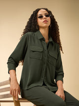 Women's Green Casual Solid Full Sleeves Shirt