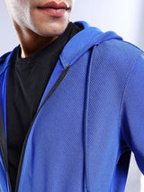 Men's Blue Casual Hood Neck Self-Design Full Sleeves Hoodie