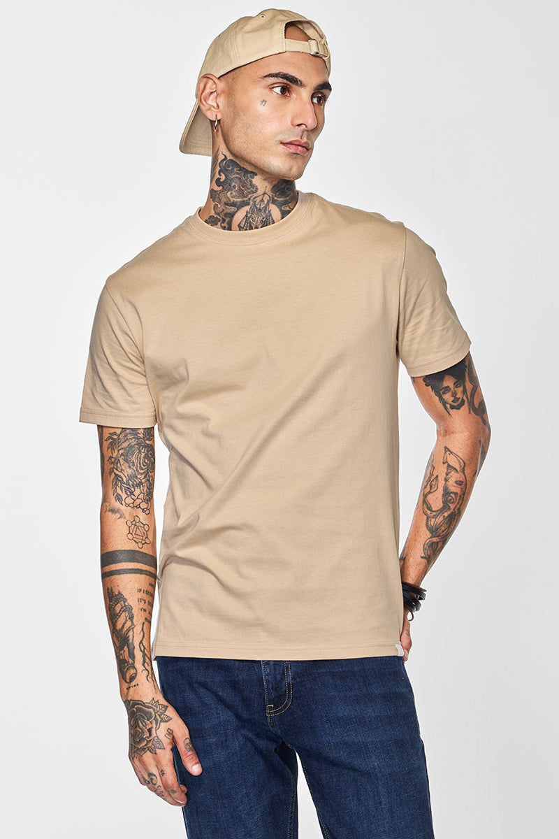 Men's Beige Casual Regular Fit Tshirt