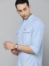 Men's Slim Fit Solid Full Sleeves Mandarin Collar Double Flap Pocket Casual Shirt