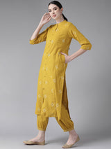 Women's Mustard Yellow Ethnic Motifs Embroidered Mirror Work Pure Cotton Kurta with Salwar