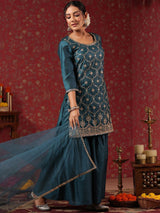 Women's Ethnic Blue Straight Poly Silk Kurta Set with Dupatta