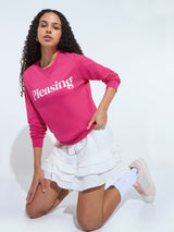 Women's Pink Casual Regular Fit Printed Full Sleeves Sweatshirt
