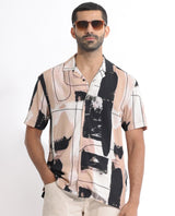 Men's Beige Casual Regular Fit Printed Half Sleeves Shirt