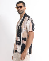 Men's Beige Casual Regular Fit Printed Half Sleeves Shirt
