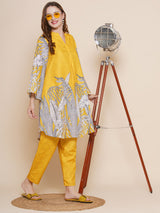 Women's Yellow Floral Printed Regular Kurta with Palazzo