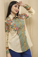 Women's Beige Festive Three Quarter Sleeves Shirt
