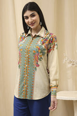 Women's Beige Festive Three Quarter Sleeves Shirt