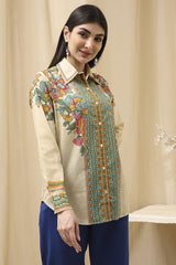 Women's Beige Festive Three Quarter Sleeves Shirt