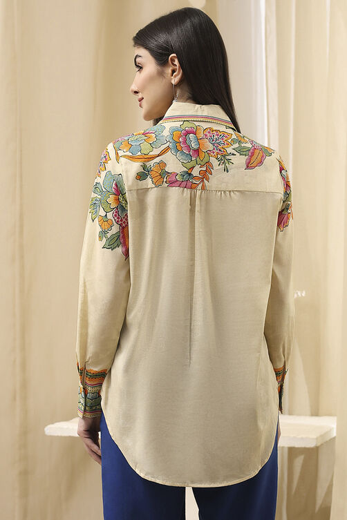 Women's Beige Festive Three Quarter Sleeves Shirt