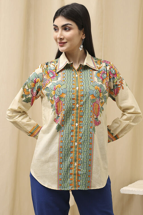 Women's Beige Festive Three Quarter Sleeves Shirt