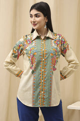 Women's Beige Festive Three Quarter Sleeves Shirt