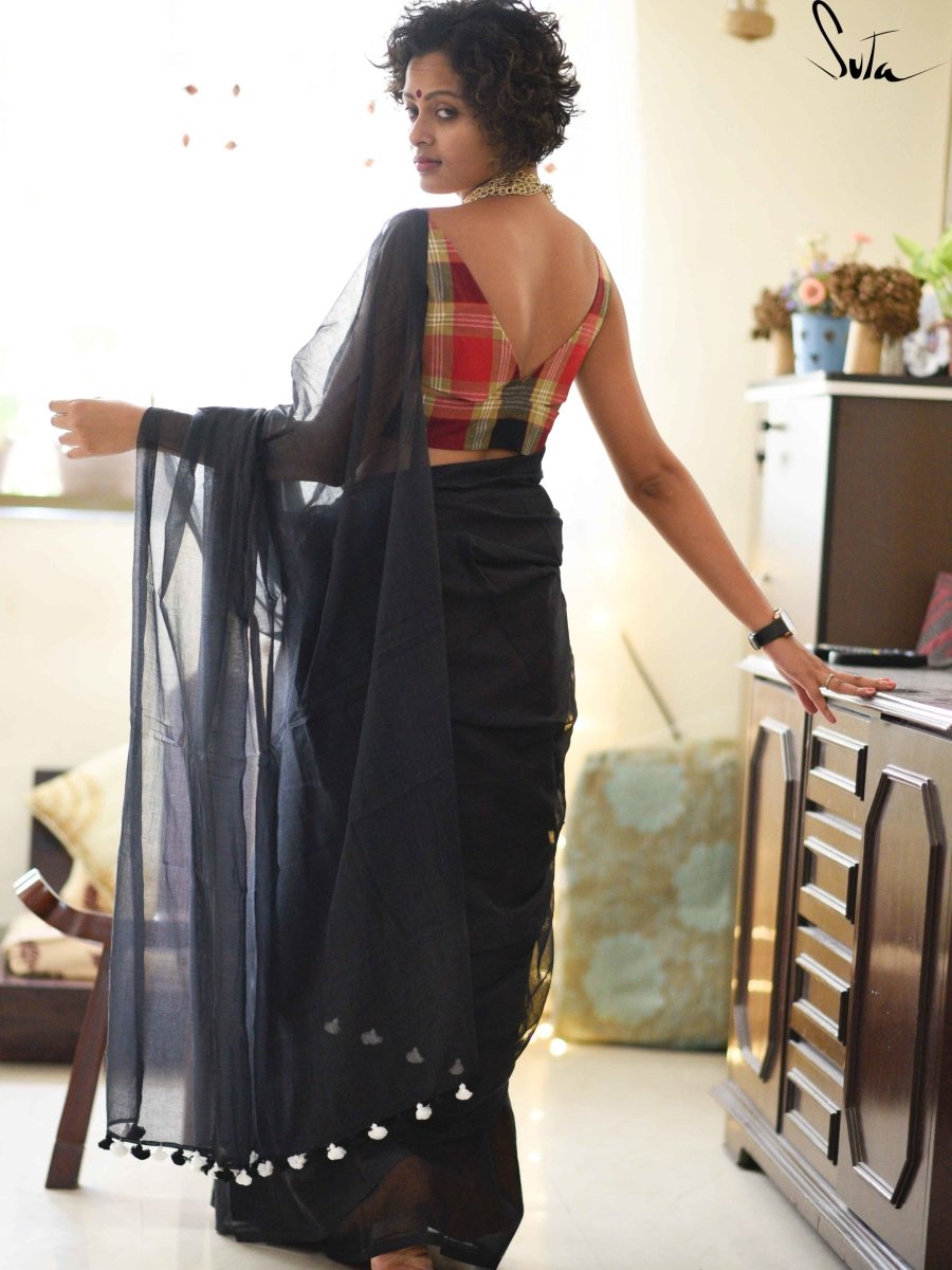 Women's Black Mul Cotton Saree