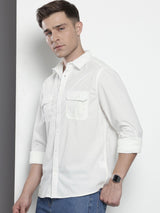 Men's White Casual Regular Fit Solid Full Sleeves Shirt