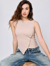Women's Beige Textured Assymetric Hem Tank