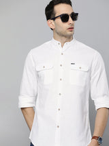 Men's Slim Fit Solid Full Sleeves Mandarin Collar Double Flap Pocket Casual Shirt