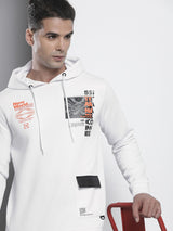 Men's White Casual Hood Neck Graphic Full Sleeves Hoodie
