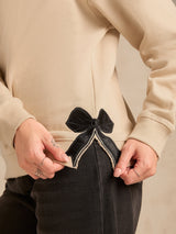 Women's Beige Typographic Bow Sweatshirt
