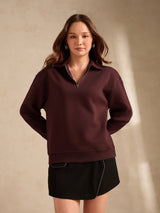 Women's Brown Solid Oversized Zipper Sweatshirt