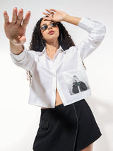 Women's White Casual Graphic Full Sleeves Shirt