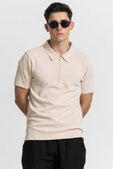 Men's Beige Casual Slim Fit Printed Half Sleeves Polo Tshirt