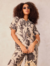 Women's Off White Floral Printed Top and Pants Co Ord Set