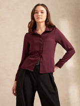 Women's Wine Regular Satin Embellished Collar Shirt