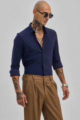 Men's Navy Casual Slim Fit Solid Full Sleeves Shirt