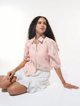 Women's Pink Party Floral Three Quarter Sleeves Shirt