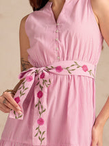 Women's Pink Flared Tiered Stripe Shirt Dress With Embroidered Belt