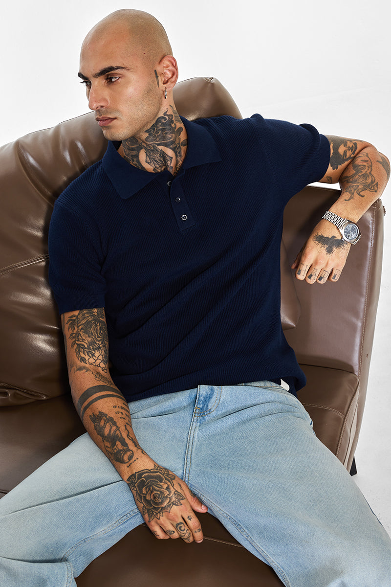 Men's Navy Casual Slim Fit Printed Half Sleeves Polo Tshirt