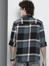 Men's Regular Fit Checkered Full Sleeves Spread Collar Double Flap Pocket Casual Over Shirt