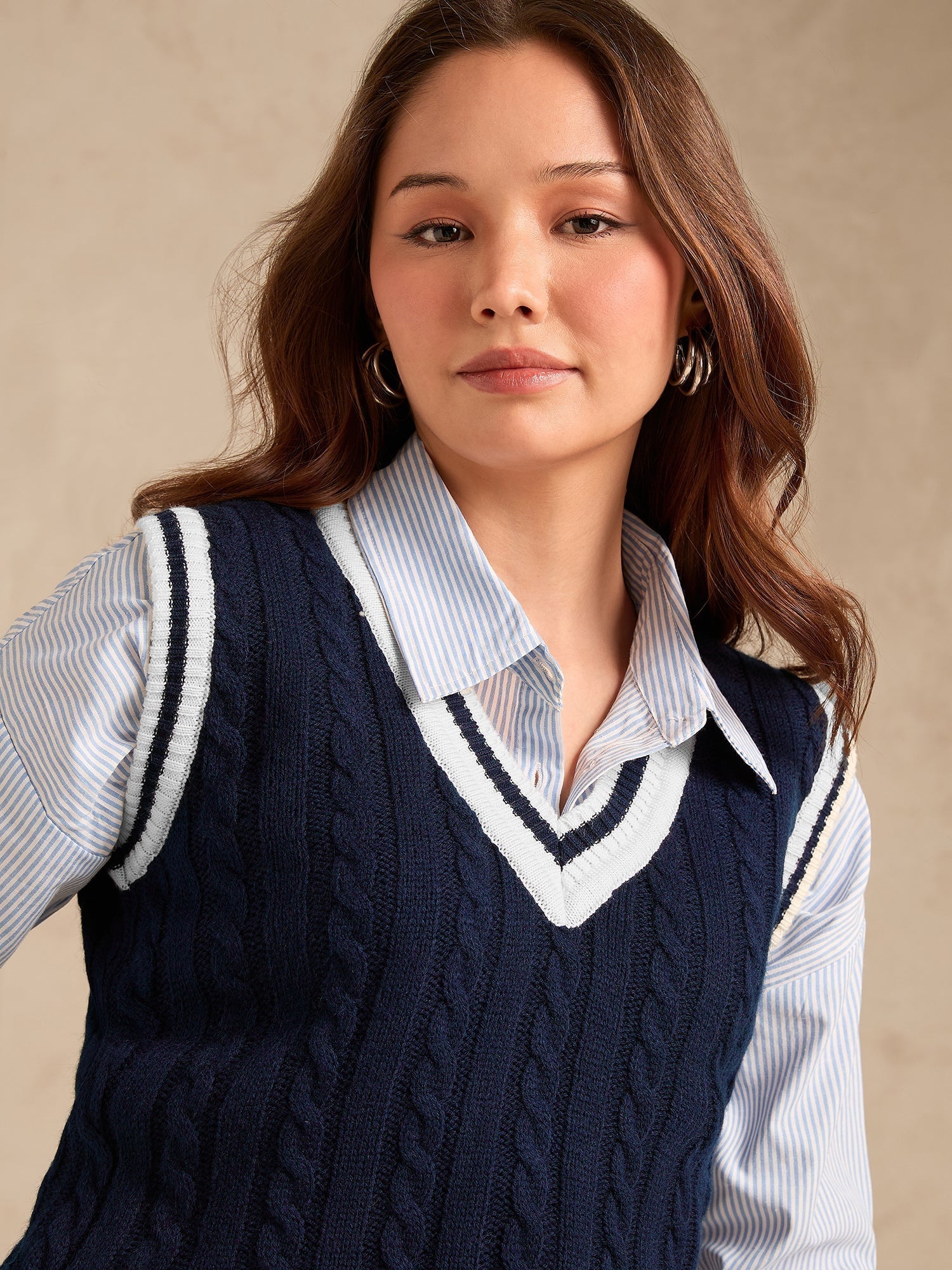 Women's Navy Blue Varsity Contrast Tipping Sweater