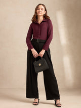 Women's Wine Regular Satin Embellished Collar Shirt