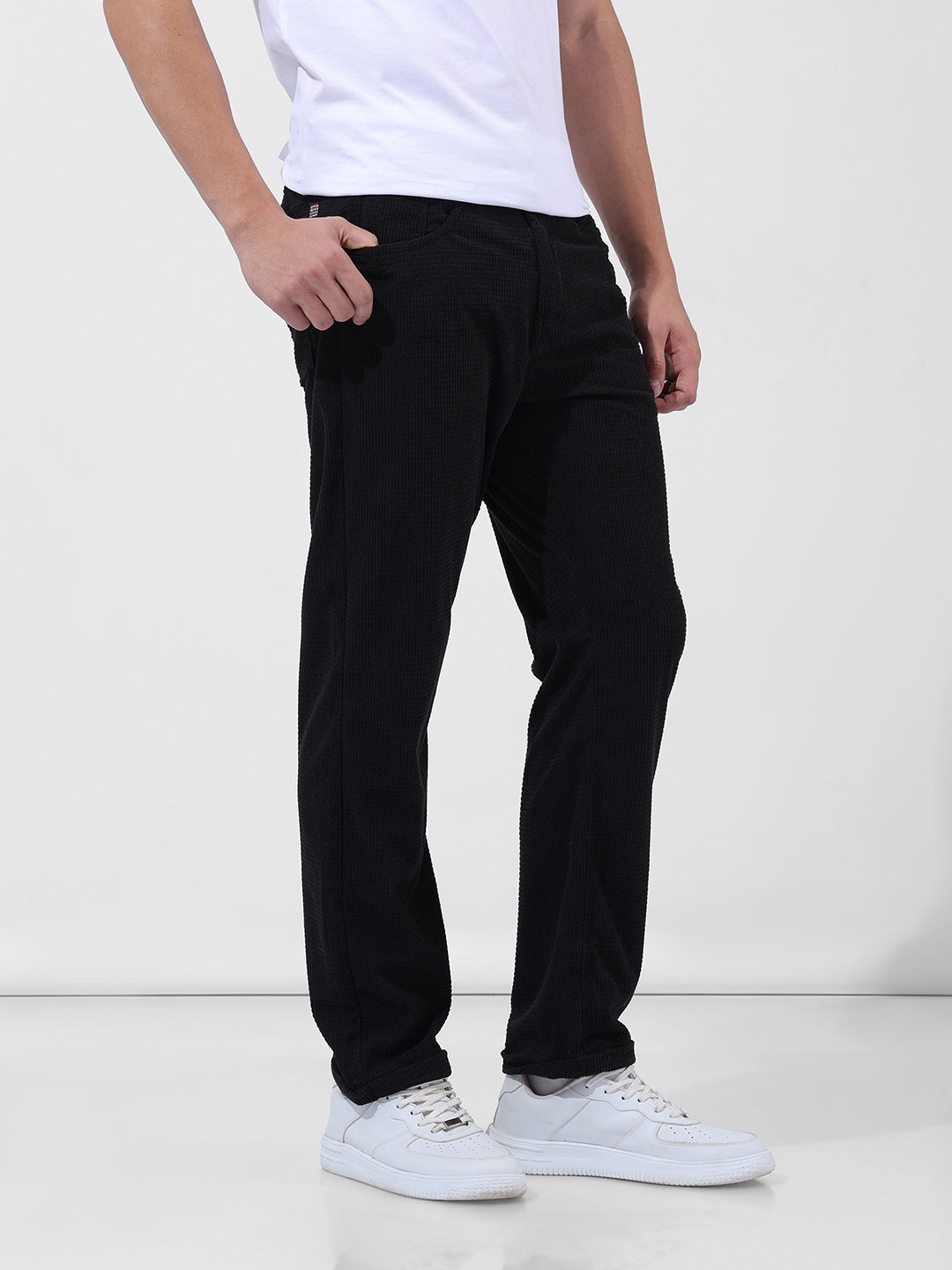 Men's Black Casual Straight Fit Solid Trousers