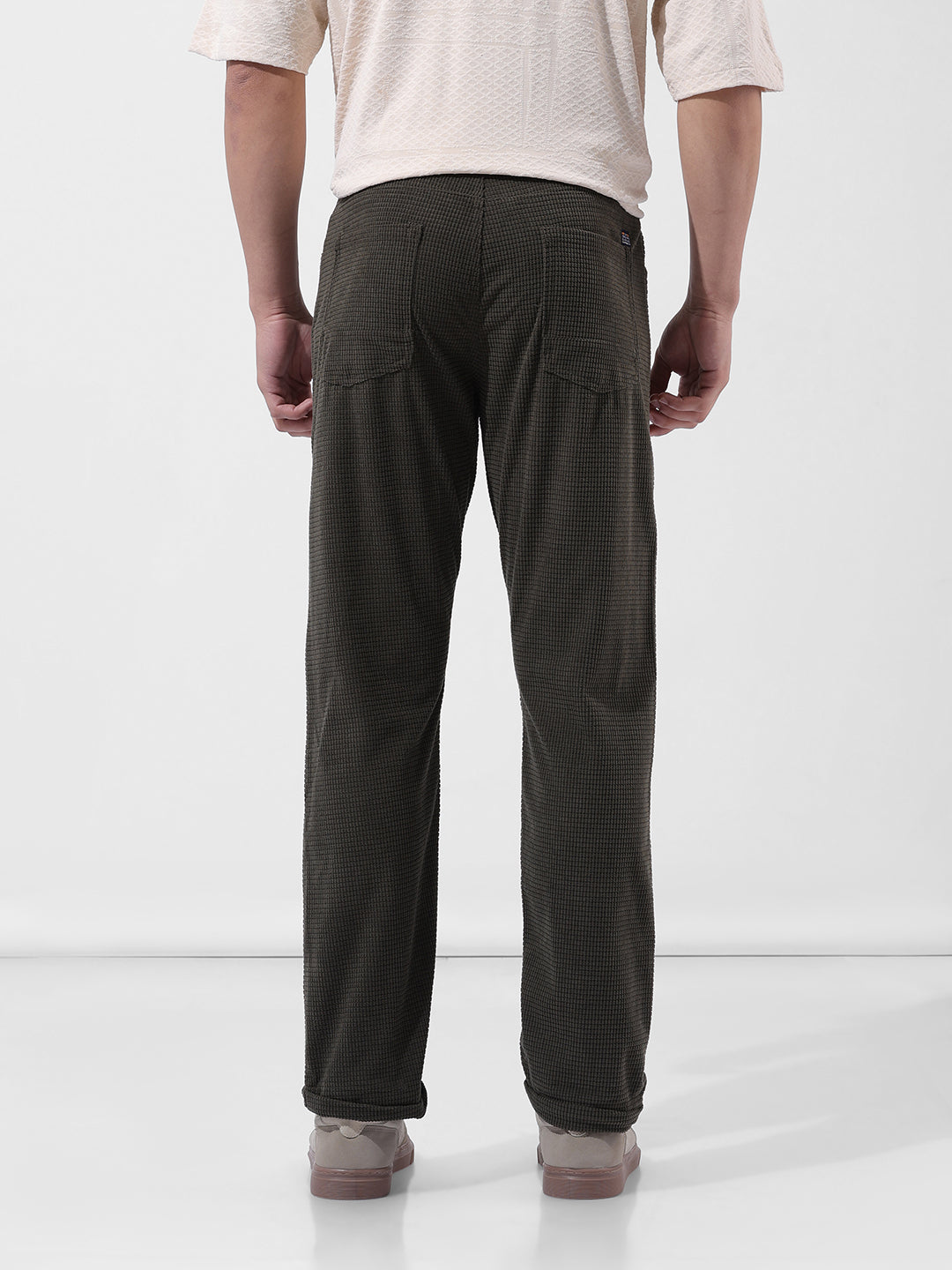 Men's Olive Casual Straight Fit Solid Trousers