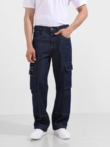 Men's Dark Blue Straight Fit Solid Mid Rise Jeans