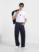 Men's Dark Blue Straight Fit Solid Mid Rise Jeans