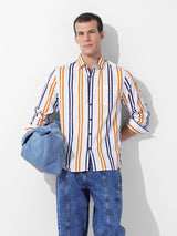 Men's White Casual Slim Fit Striped Full Sleeves Shirt