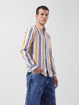 Men's White Casual Slim Fit Striped Full Sleeves Shirt