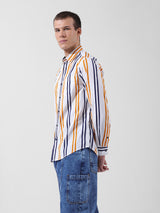Men's White Casual Slim Fit Striped Full Sleeves Shirt